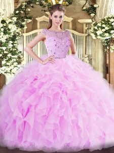 Sweet Sleeveless Floor Length Beading and Ruffles Zipper Quinceanera Dress with Lilac