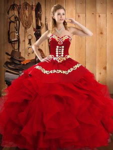 Wine Red Ball Gowns Embroidery and Ruffles Quinceanera Gown Lace Up Satin and Organza Sleeveless Floor Length