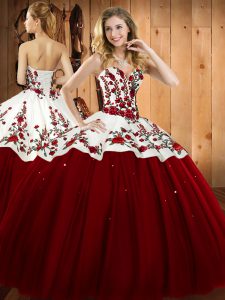 Wine Red Lace Up Sweetheart Embroidery Sweet 16 Dresses Satin and Tulle Sleeveless