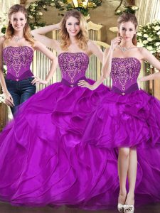 Floor Length Lace Up Ball Gown Prom Dress Fuchsia for Military Ball and Sweet 16 and Quinceanera with Beading and Ruffles