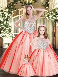Custom Design Red Ball Gowns Beading Quinceanera Dress Lace Up Tulle Sleeveless Floor Length