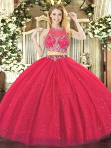 Floor Length Two Pieces Sleeveless Coral Red Quinceanera Gowns Zipper