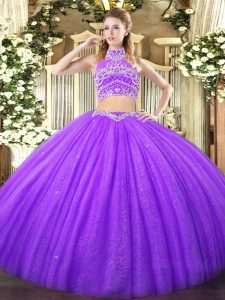 Floor Length Lavender Quinceanera Gown High-neck Sleeveless Backless