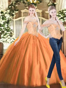 Fantastic Sleeveless Floor Length Beading Lace Up Quince Ball Gowns with Orange Red