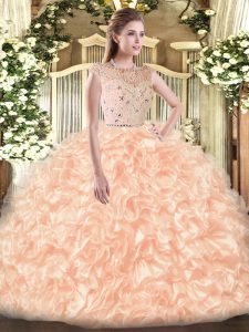 Peach Vestidos de Quinceanera Military Ball and Sweet 16 and Quinceanera with Beading and Ruffles Bateau Sleeveless Zipper