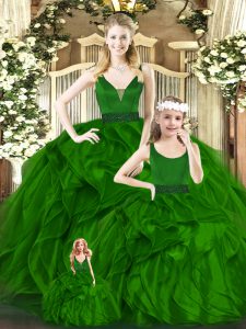 Fashion Organza V-neck Sleeveless Zipper Beading and Ruffles Sweet 16 Quinceanera Dress in Green