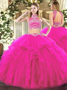 Best Floor Length Backless Quinceanera Dresses Fuchsia for Military Ball and Sweet 16 and Quinceanera with Beading and Ruffles