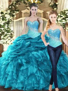 New Style Sweetheart Sleeveless Sweet 16 Quinceanera Dress Floor Length Beading and Ruffles Teal Tulle
