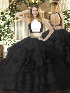 Comfortable Black Sleeveless Tulle Zipper Ball Gown Prom Dress for Military Ball and Sweet 16 and Quinceanera
