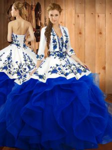 Enchanting Blue Ball Gowns Embroidery and Ruffles Sweet 16 Dress Lace Up Satin and Organza Sleeveless Floor Length