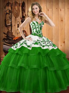 Fabulous Lace Up Quinceanera Dress Dark Green for Military Ball and Sweet 16 and Quinceanera with Embroidery Sweep Train
