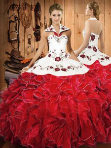 Halter Top Sleeveless Sweet 16 Quinceanera Dress Floor Length Embroidery and Ruffles Wine Red Satin and Organza