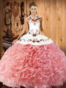 Watermelon Red Sleeveless Fabric With Rolling Flowers Lace Up Sweet 16 Dress for Military Ball and Sweet 16 and Quinceanera
