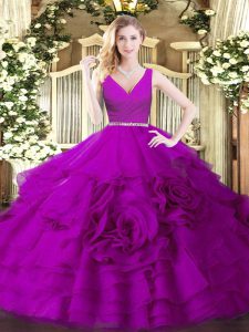 Colorful Fuchsia Zipper V-neck Beading Quince Ball Gowns Fabric With Rolling Flowers Sleeveless