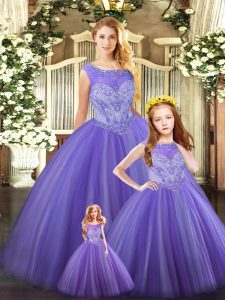 New Arrival Lavender Sleeveless Floor Length Beading Lace Up Quinceanera Gown