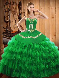 Charming Green Satin and Organza Lace Up Sweetheart Sleeveless Floor Length Sweet 16 Dress Embroidery and Ruffled Layers