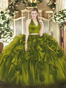 Clearance Olive Green Two Pieces Halter Top Sleeveless Organza Floor Length Zipper Ruffles 15th Birthday Dress