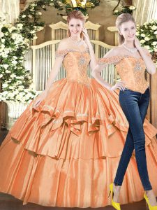 Sleeveless Organza Floor Length Lace Up Quinceanera Gowns in Orange Red with Beading and Ruffled Layers