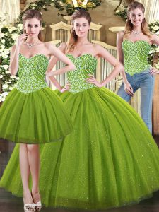 Extravagant Ball Gowns Ball Gown Prom Dress Olive Green Sweetheart Tulle Sleeveless Floor Length Lace Up