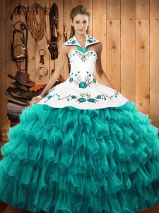 Turquoise Ball Gowns Organza Halter Top Sleeveless Embroidery and Ruffled Layers Floor Length Lace Up Ball Gown Prom Dress