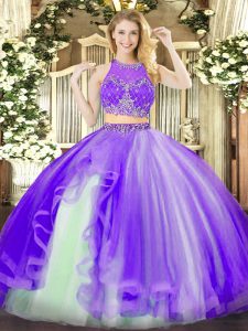 Elegant Floor Length Zipper Sweet 16 Quinceanera Dress Lavender for Military Ball and Sweet 16 and Quinceanera with Beading and Ruffles