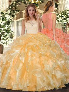 Fabulous Gold Organza Clasp Handle Scoop Sleeveless Floor Length 15th Birthday Dress Lace and Ruffles