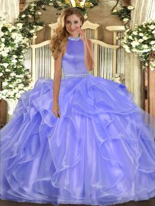 New Arrival Organza Halter Top Sleeveless Backless Beading and Ruffles Quinceanera Gowns in Lavender