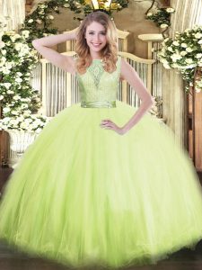 Affordable Yellow Green Ball Gowns Tulle Scoop Sleeveless Lace Floor Length Backless Vestidos de Quinceanera