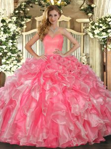 Custom Fit Watermelon Red Organza Lace Up 15 Quinceanera Dress Sleeveless Floor Length Beading and Ruffles