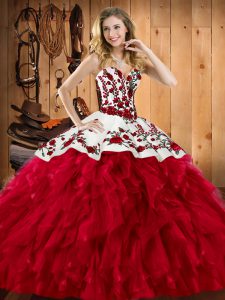 Attractive Ball Gowns Sweet 16 Dresses Wine Red Sweetheart Satin and Organza Sleeveless Floor Length Lace Up