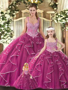 Beauteous Fuchsia Sweet 16 Dresses Military Ball and Sweet 16 and Quinceanera with Beading and Ruffles Straps Sleeveless Lace Up