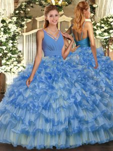 Dramatic Ball Gowns Quinceanera Gown Blue V-neck Organza Sleeveless Floor Length Backless