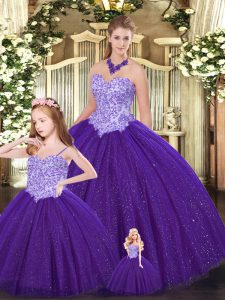 Cute Purple Ball Gowns Tulle Sweetheart Sleeveless Beading Floor Length Lace Up 15th Birthday Dress