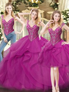 Fuchsia Lace Up Sweet 16 Dress Beading and Ruffles Sleeveless Floor Length