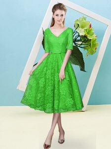 Romantic V-neck Half Sleeves Lace Up Quinceanera Court Dresses Green Lace