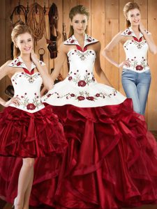 Wine Red Halter Top Neckline Embroidery and Ruffles Quince Ball Gowns Sleeveless Lace Up