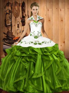 Delicate Olive Green Ball Gowns Satin and Organza Halter Top Sleeveless Embroidery and Ruffles Floor Length Lace Up Vestidos de Quinceanera