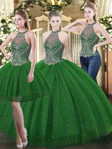 Deluxe Dark Green Tulle Lace Up Vestidos de Quinceanera Sleeveless Floor Length Beading