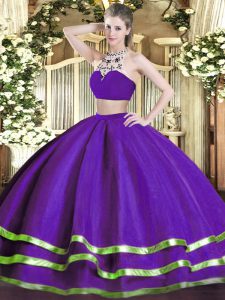 Two Pieces 15 Quinceanera Dress Purple High-neck Tulle Sleeveless Floor Length Backless