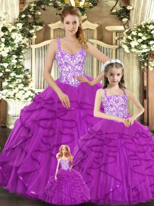 Sleeveless Organza Floor Length Lace Up Quinceanera Gowns in Fuchsia with Beading and Ruffles