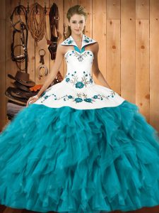 Floor Length Lace Up Ball Gown Prom Dress Teal for Military Ball and Sweet 16 and Quinceanera with Embroidery and Ruffles