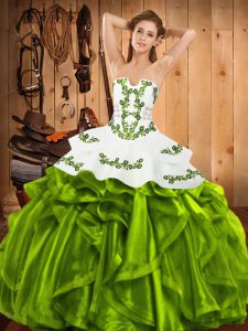 Custom Design Satin and Organza Sleeveless Floor Length Quinceanera Dresses and Embroidery and Ruffles