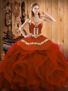 Stylish Rust Red Ball Gowns Sweetheart Sleeveless Organza Floor Length Lace Up Embroidery and Ruffles 15 Quinceanera Dress