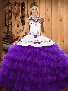 Ideal Floor Length Lace Up 15th Birthday Dress Purple for Military Ball and Sweet 16 and Quinceanera with Embroidery and Ruffled Layers