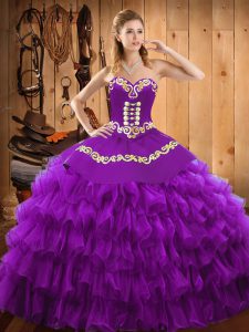 Stylish Floor Length Purple 15th Birthday Dress Satin and Organza Sleeveless Embroidery and Ruffled Layers