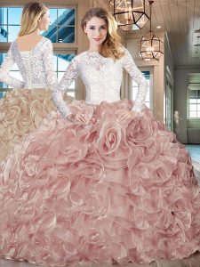 Champagne Lace and Fading Color Lace Up Scoop Long Sleeves Sweet 16 Dress Brush Train Lace and Ruffles