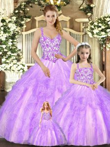 Straps Sleeveless Sweet 16 Quinceanera Dress Floor Length Beading and Ruffles Lilac Organza