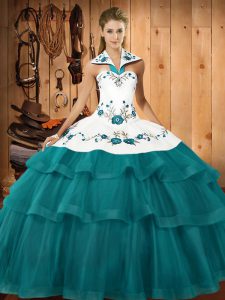 Halter Top Sleeveless Sweep Train Lace Up Quinceanera Dress Teal Organza