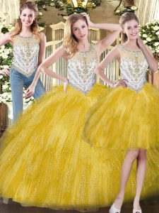 Perfect Organza Scoop Sleeveless Zipper Beading and Ruffles Quince Ball Gowns in Yellow
