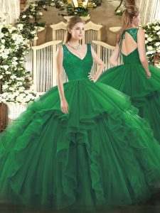 Fashion Dark Green Sleeveless Floor Length Beading and Lace and Ruffles Backless Quince Ball Gowns